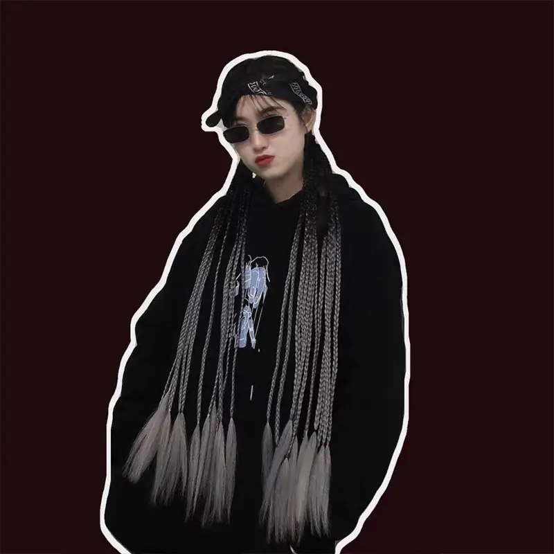 Wig Rambut Sintetis Palsu Extension Model Kepang Panjang 60Cm Warna Warna Ombre Gaya Hip Hop Untuk Wanita 4