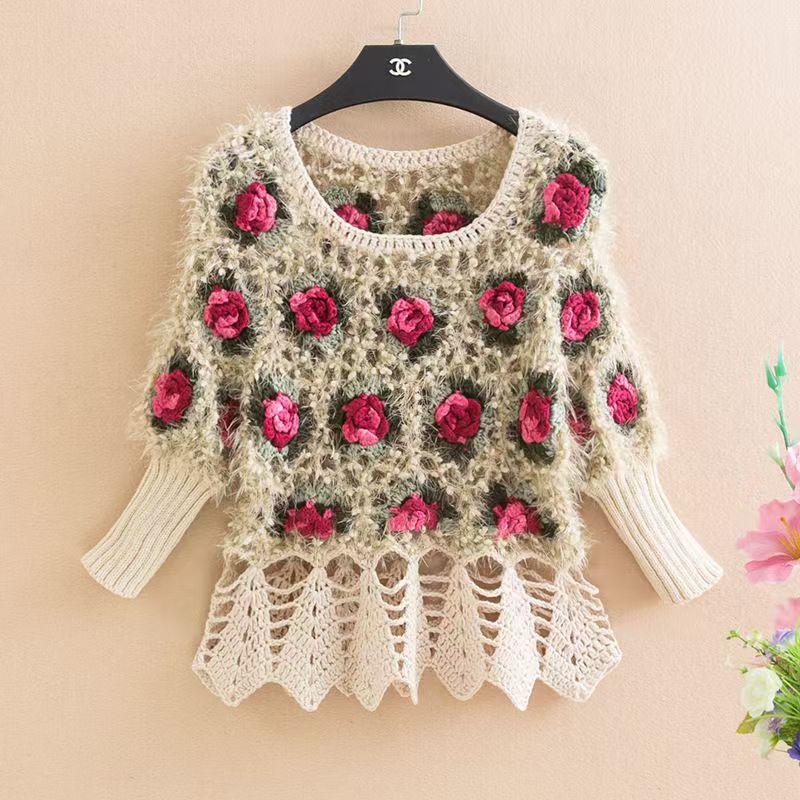 Áo Len Dệt Kim Đan, Tay Áo 3 / 4, Bộ Sưu Tập Mùa Xuân Và Mùa Thu, Hàng Mới Về, Cạp Cao, Jacquard Thời Trang, Cổ Tròn, Kiểu Ngắn, Dáng Rộng Vừa Vặn, Áo Tay Cánh Dơi, Dành Cho Nữ 3