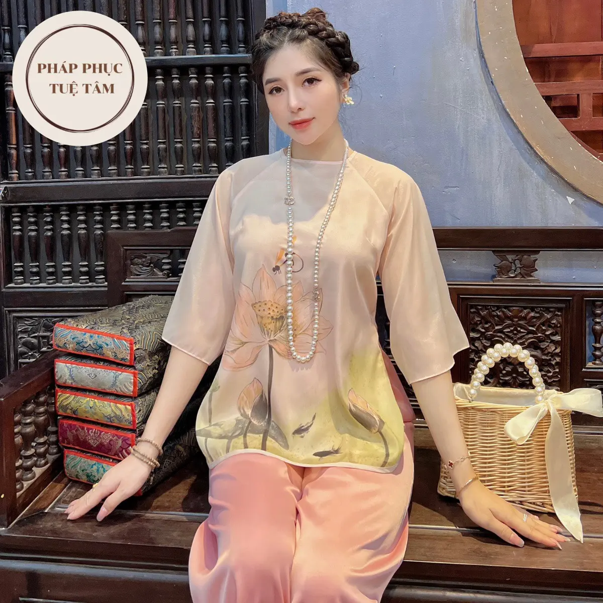 Bộ đồ lam đi chùa Cát Tường, set quần áo - bộ quần áo đi chùa chất liệu voan tơ mềm in họa tiết Top Nữ Women Xanh