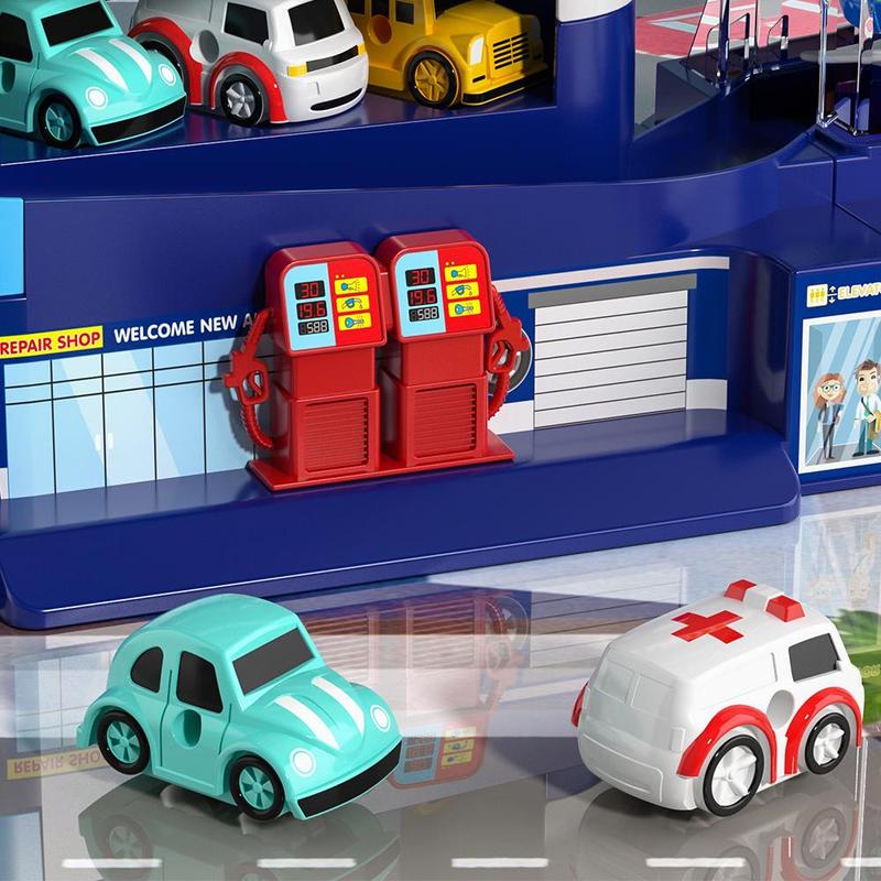 Car Parking Game Set, Garage Track with Elevator & 4 Car Set, City Parking Building Toy For Kids 6