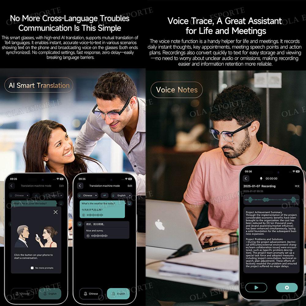 Fashion Smart Glasses Bluetooth call Voice Assistant Music Playback AI Intelligent Translation Glasses 170mAh Long Battery Life