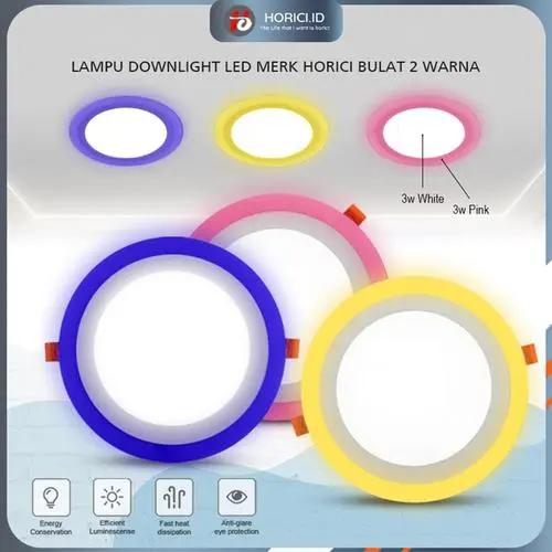 HORICI LAMPU DOWNLIGHT / LAMPU PLAFON  BULAT 2 WARNA 6WATT+3WATT /LAMPU TENGAH PUTIH + FRAME SAMPING BIRU/KUNING