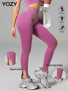 YOZY-GOOO Women's Solid Zipper High Waist Sports Leggings, Sporty Comfy Breathable Skinny Pants for Yoga Gym Workout Running, Ladies Sportswear for All Seasons