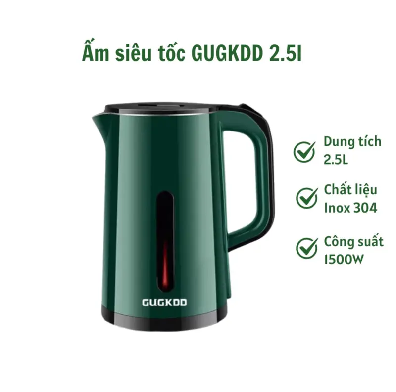 Ấm Siêu Tốc Đun Nước Siêu Nhanh GUGKDD ST19 Dung Tích 2,5L - Công Suất 1500W -Chất Liệu INOX 304 An Toàn - 2 Lớp Cách Nhiệt Tự Ngắt Khi Sôi giadung thong Ấm Đun Siêu Tốc Bình Đun Nước 0