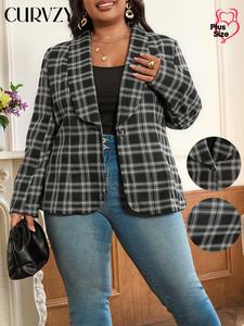 CURVZY Plus Size Plaid Print Button Front Shawl Collar Blazer, Casual Long Sleeve Coat for Fall & Winter, Women's Clothes for Daily Wear