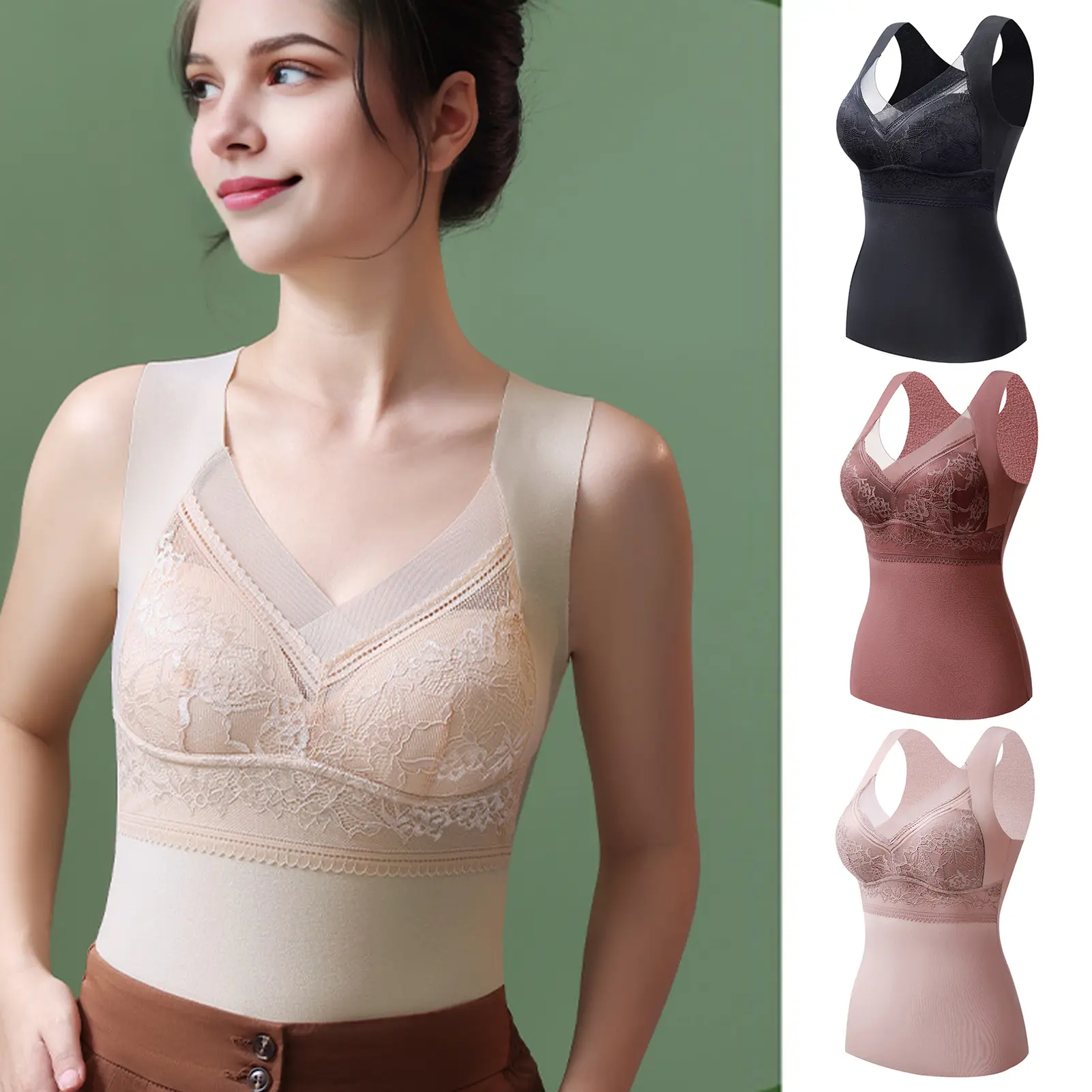 Women Thermal Vest V-Neck Sleeveless Padded Wireless Bottoming Tops Slim Fit Solid Color Temperature Locking Velvet Tank Tops