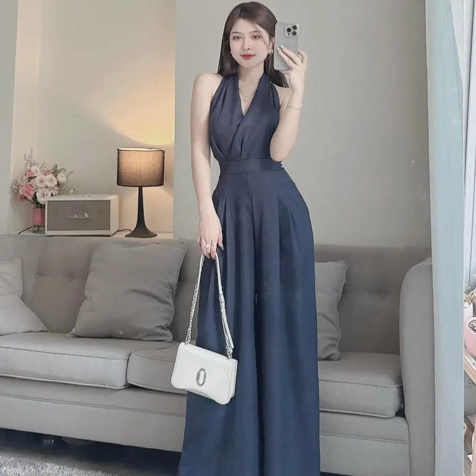 Jumsuit thời trang chất đũi vân mây cổ yếm cột dây sau lưng Nữ Women ÁO