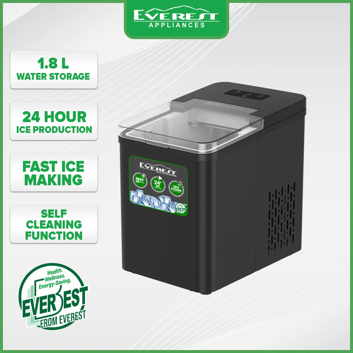 Everest Electronic Ice Maker Countertop, 1.8 Liter Water Storage, 24 Hour Ice Production per 12 Kg, Fast Ice Making 9 Cubes, Stainless Steel Black, Portable Ice Machine for Home Kitchen Office Bar Party Utensils