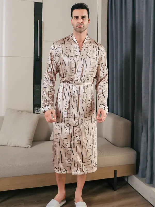 Men's Regular Fit All Over Print Satin Robe with Waist Belt Design, Casual Long Sleeve Shawl Collar Satin Dressing Gown for Summer, Fashion Men's Sleepwear 7