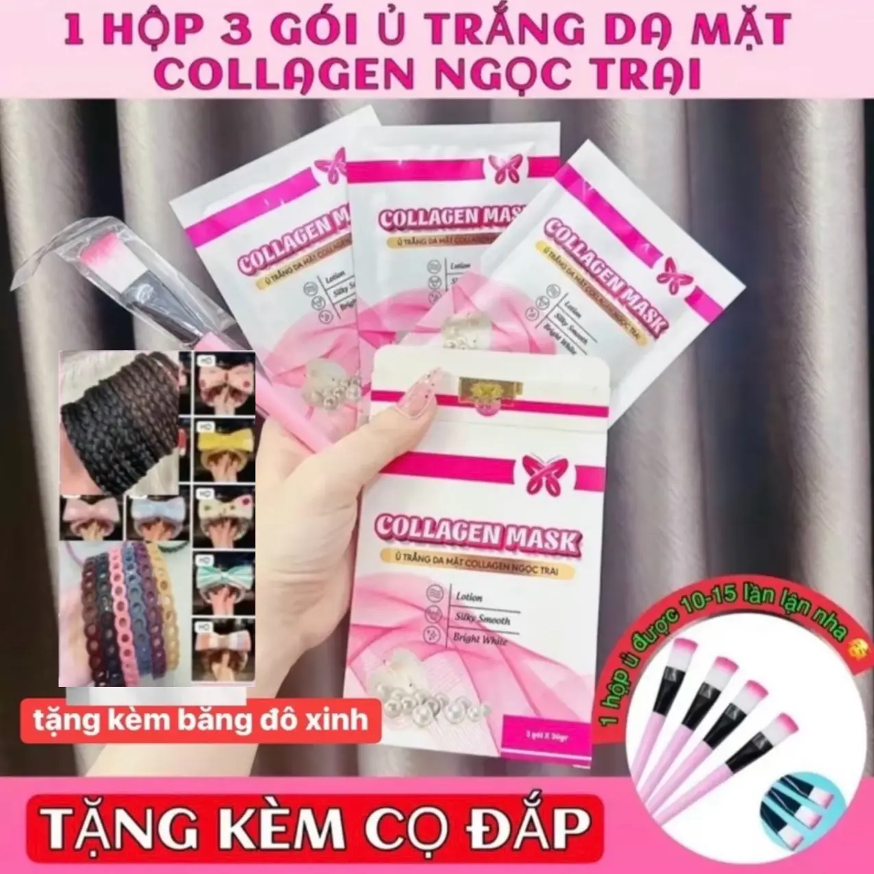 Mặt Nạ Ủ Trắng Da Mặt Collagen Ngọc Trai (1hộp 3gói) Kèm cọ + băng đô xinh [Tất cả các loại da]