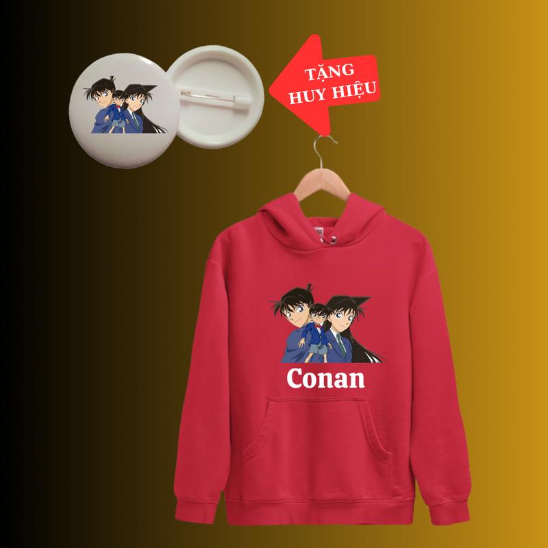 Áo Khoác Hoodie in hình Conan thám tử lừng danh dài tay thu đông trẻ em, màu trắng, vải nỉ có mũ-Kèm huy hiệu 8