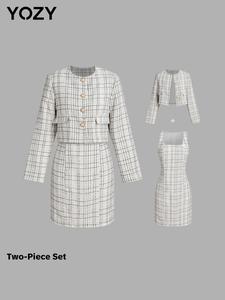 YOZY Women's Plaid Print Button Front Jacket & Square Neck Tank Dress Two-piece Set, Elegant Fashion Long Sleeve Outerwear & Sleeveless Zipper Back Dress for Daily Outdoor Wear, Ladies Clothes for All Seasons