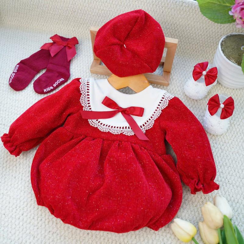  M97 body yếm đính nơ đỏ dài tay cho bé gái 3-11kg HằngHamdmade 