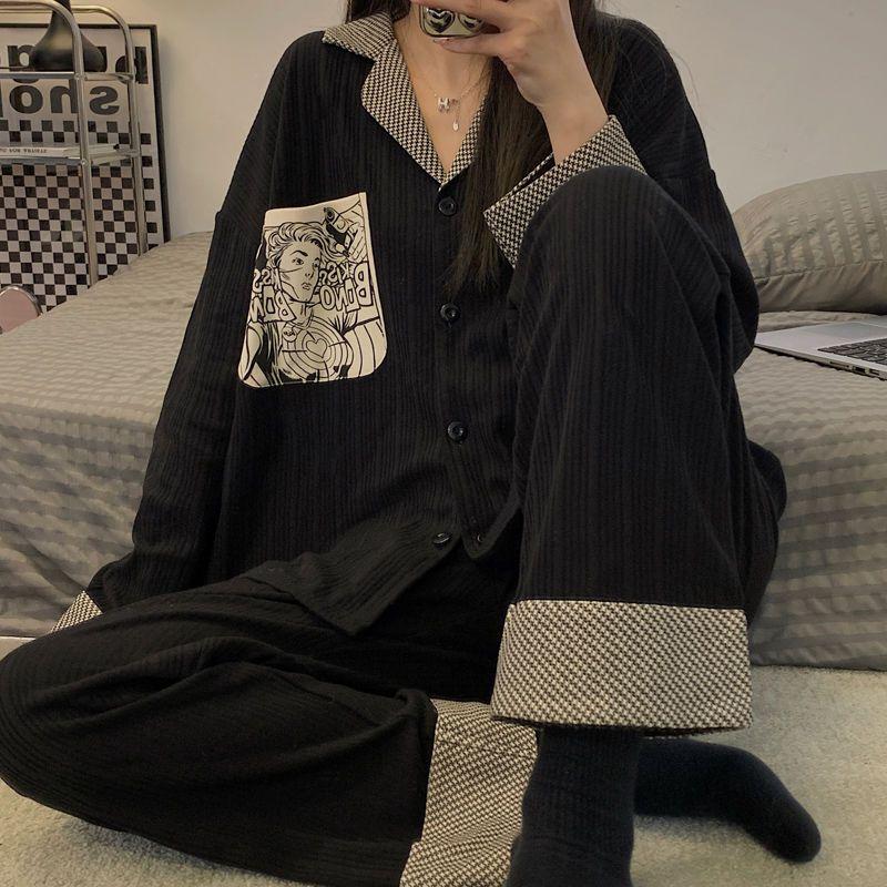 Bộ Đồ Ngủ Cho Nữ, Màu Đen, Dài Tay, Mùa Xuân Và Mùa Thu, Kiểu Áo Cardigan, Thiết Kế Hoạt Hình Trừu Tượng, Phong Cách Hàn Quốc, Thích Hợp Cho Mùa Hè, Bộ Đồ Mặc Nhà Mới Voi Women Cotton Top Voan