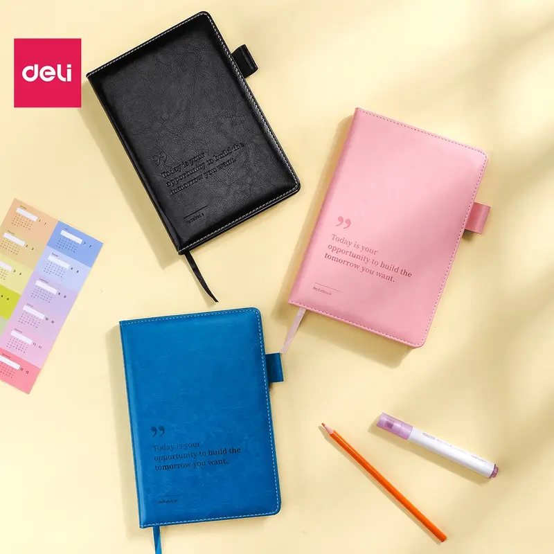 Sổ tay ghi chép A5 Bìa Da dày Deli - Màu Đen/Hồng/Xanh, 300 trang, 80gsm, Chống nước dành cho Học Sinh, Văn Phòng 6