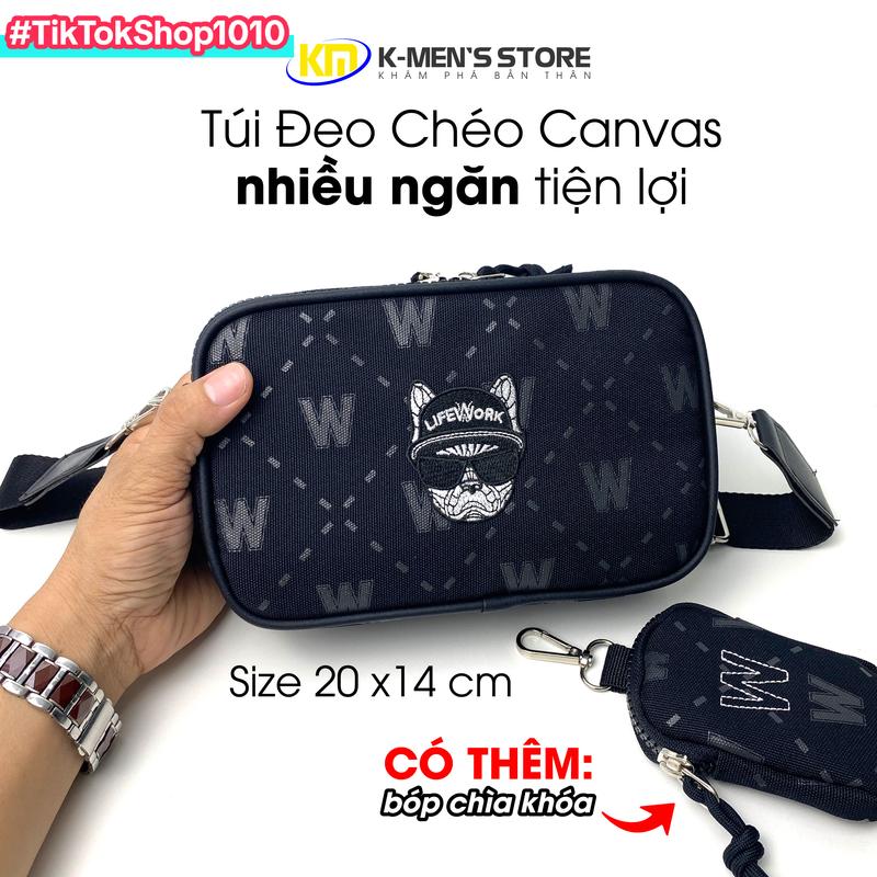 Túi Đeo Chéo Nam Nữ LWork Nhiều Ngăn Bag Đeo Vai Vải Canvas Màu Đen Trợt Nước Size20 - Phụ Kiện Daily Cho Nam Nữ Năng Động Cá Tính