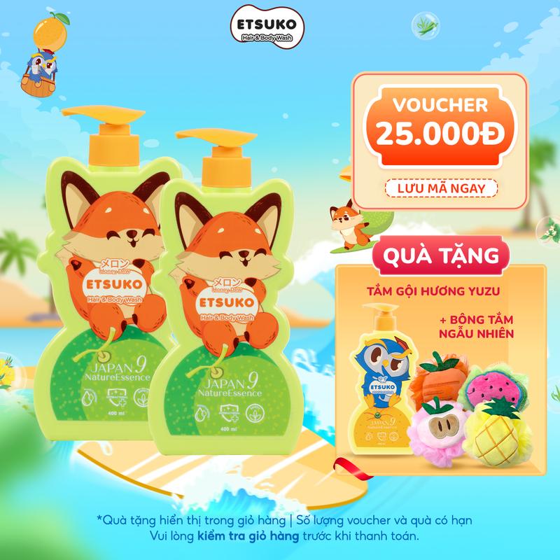 Combo Sạch Thoáng 2 Sữa Tắm Gội Hương Dưa Lưới ETSUKO Dưỡng Ẩm Cho Bé Mát Lạnh Sảng Khoái 400ml