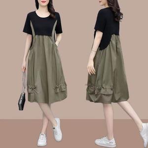 100KG Fat Girl Can Wear Loose Dresses Women New Version Korean Style Foreign Flavour age reduction Patchwork Short Sleeve Lady Fake Two Piece Dress