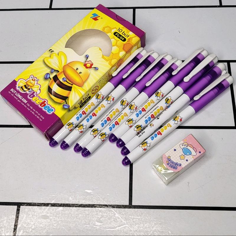 HỘP 10 BÚT TẶNG 1 GÔM, bút lông kim bebe mực tím, nét thanh đậm luyện chữ đẹp, 10 bút bebe +1 gôm tẩy, Thiên Long