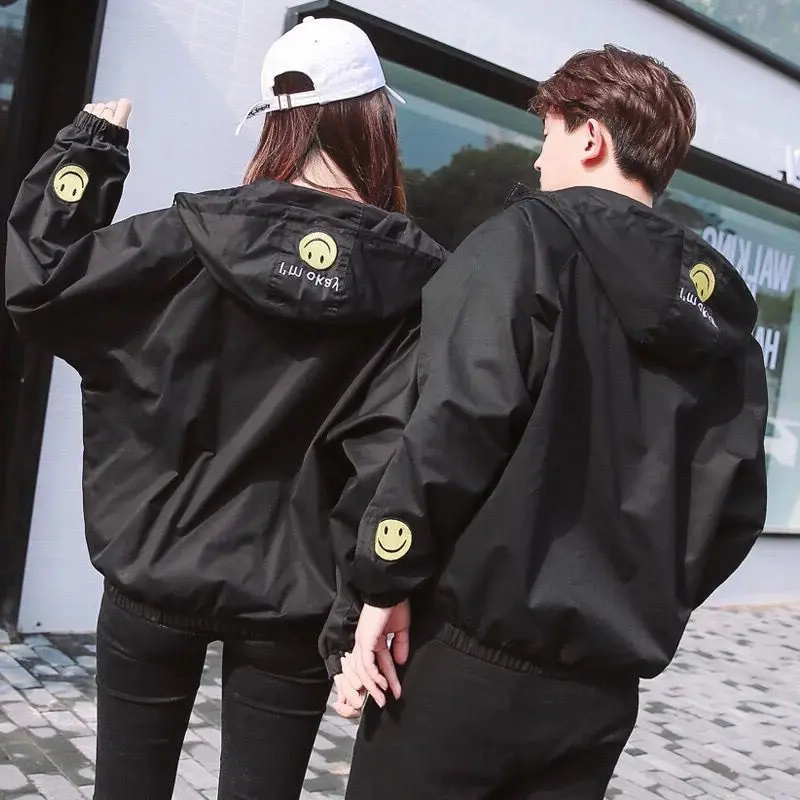 เสื้อคลุมแขนยาวผ้าร่ม มีซิป สไตล์เกาหลี กันแดด กันลม มีฮู้ดแต่งลายยิ้ม