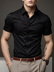 Camisa de hombre con estampado de argyle, manga corta, corte regular, cómoda y transpirable, con frente con botones y cuello para verano, ropa de moda para uso diario, negra