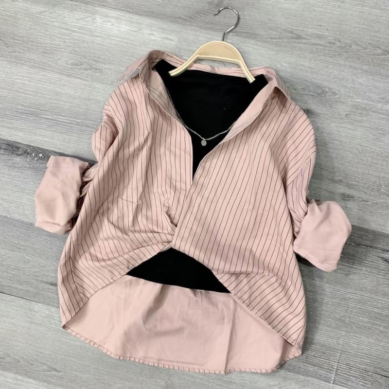 Product Introduction of Áo Sơ Mi Nữ Kẻ Sọc Xoắn Bụng Chất Nhung Mền Mại Phong Cách Hàn Quốc Top Cotton Women Shirt 4