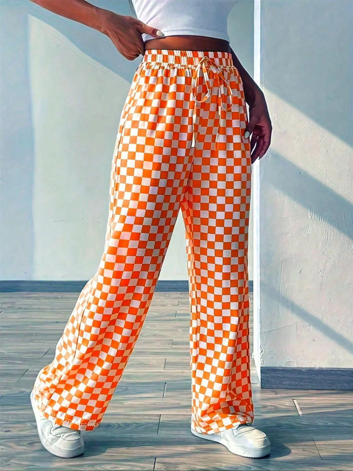 Women's Plaid Print Tie Front Straight Leg Pants, Casual Comfy Elastic Waist Trousers for Daily Wear, Ladies Bottoms for Fall & Winter