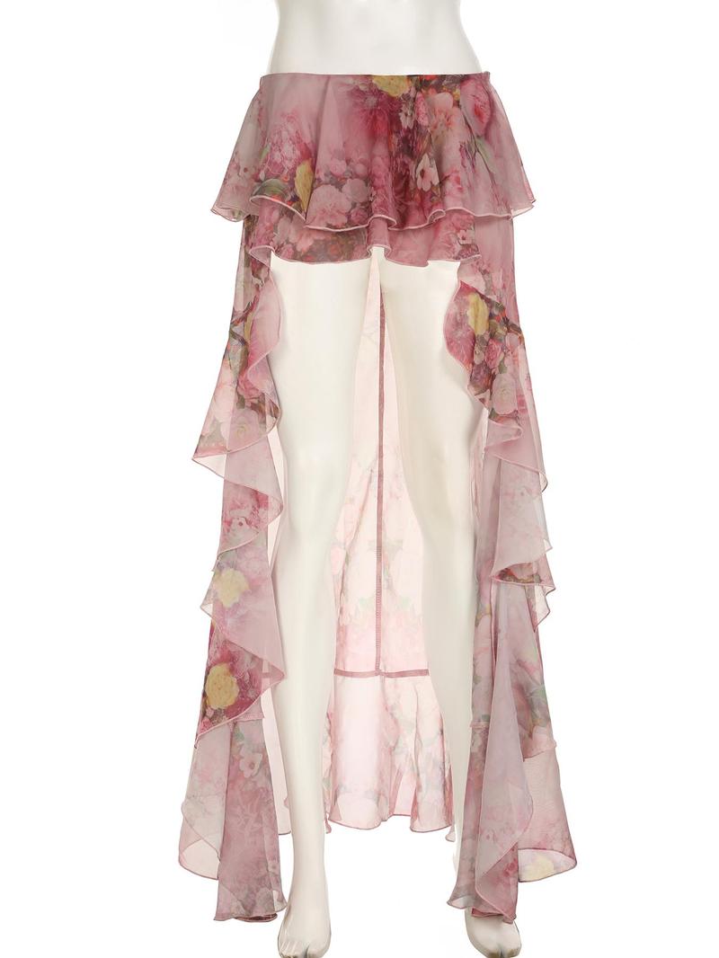 Product Introduction of Women's Floral Print High Low Hem Skirt, Y2k Boho Sheer Exaggerated Ruffle Maxi Skirt for Beach Holiday Vacation, Maxi Skirt, Ladies Summer Clothes 5