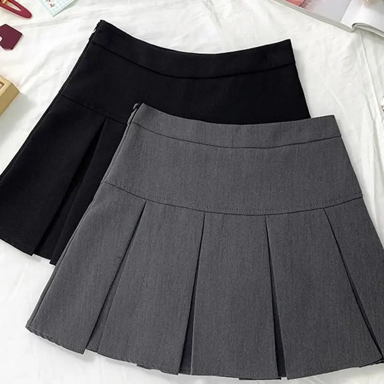 Solid color design high-waisted A-line pleated skirt