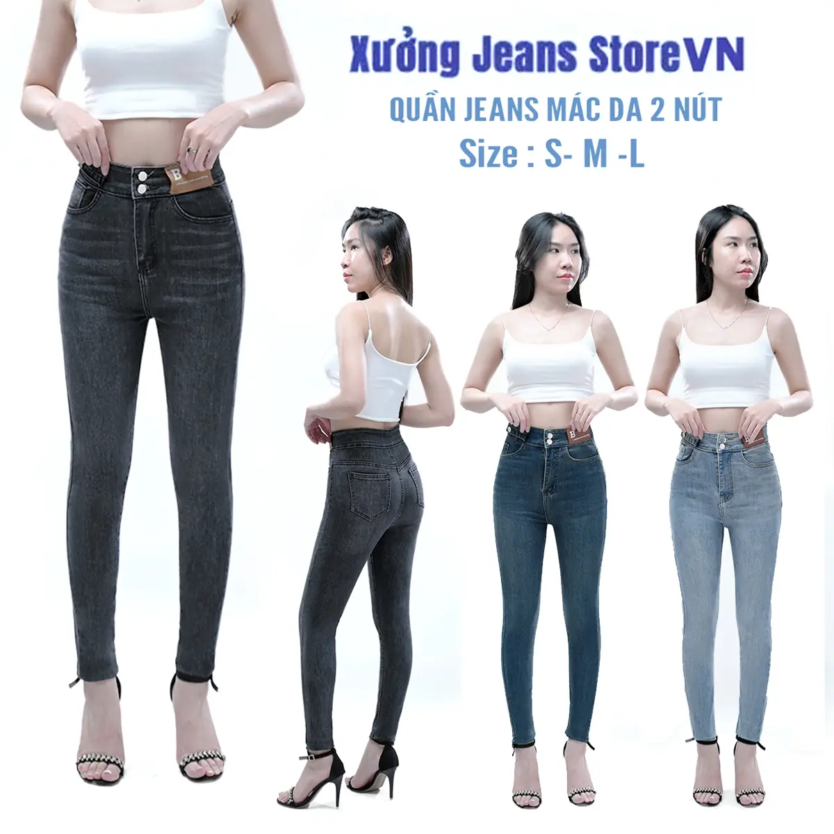 Quần jean ôm cạp cao mắc da 2 nút cá tính jeans skinny, quần bò bó cạp cao, chất jean mềm co giãn Xưởng jeans storevn. Nữ Pants Women Có Túi