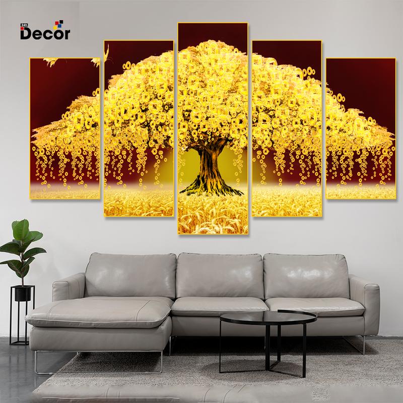 Tranh cây Kim tiền - Tranh gỗ TRÁNG GƯƠNG dán tường bộ 5 tấm- Trang trí Decor phòng 3