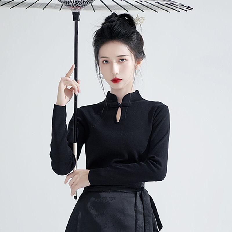 Áo Sườn Xám Phong Cách Trung Quốc Mới, Cổ Chân Đế Tay Phồng Dành Cho Nữ, Thích Hợp Cho Mùa Xuân Và Mùa Thu, Phong Cách Quốc Gia Mới, Áo Thun Dài Tay Thiền 0