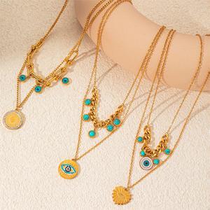 Kalung Keluli Titanium, Jenama Bulat Potret, Keluli Tahan Karat, Gaya Bohemia, Kalung Turquoise Berganda, Aksesori Fesyen Minoriti Jewelry Necklaces amman  thali  set lustful  jewelry