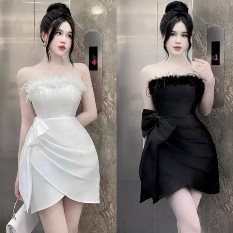 Đầm dự tiệc cúp lông phối nơ xếp li chéo Emily Dress sang trọng - Đen/Trắng, Size XS-XL -tafta phi lụa full lót váy [ Kèm Ảnh Thật mẫu / Quần bảo hộ rời] Nữ Women Nhung