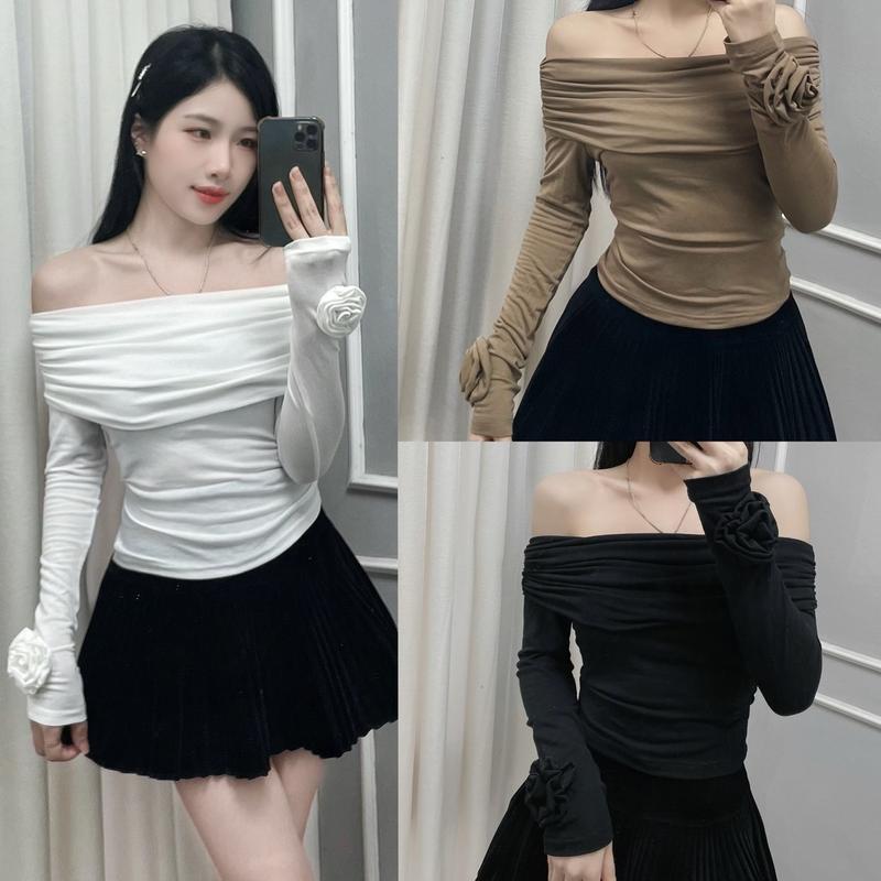 KangStudio - [M067] Áo trễ vai tay dài đính hoa cổ tay chất len giấy, trẻ trung tiểu thư - Nữ Women Top Dài Tay Màu Trắng