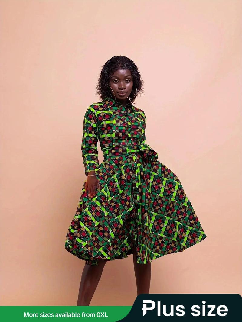 Product Introduction of 【Plus Size】 Geometric Print A Line Dress, Elegant Long Sleeve Collared Dress for Daily Outdoor Wear, Women Plus Clothing for Spring 1