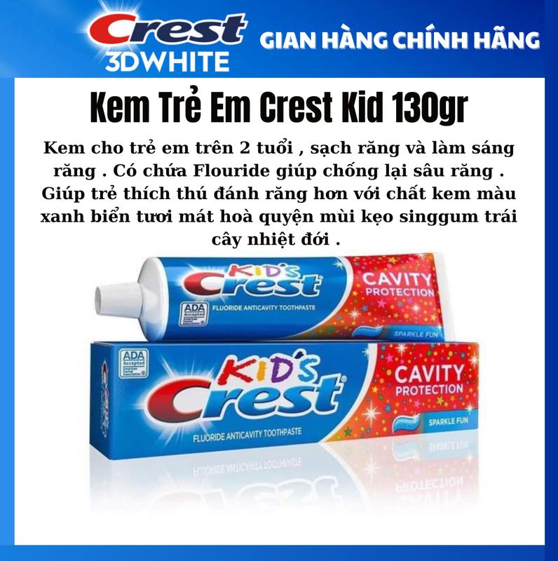    Hàng Mỹ  Kem Đánh Răng Crest Kid’s Trẻ Em 130Gr Vị Kẹo Gum Không Chứa Đường Women Nam Nữ Trắng Răng dentifrice  trắng răng 