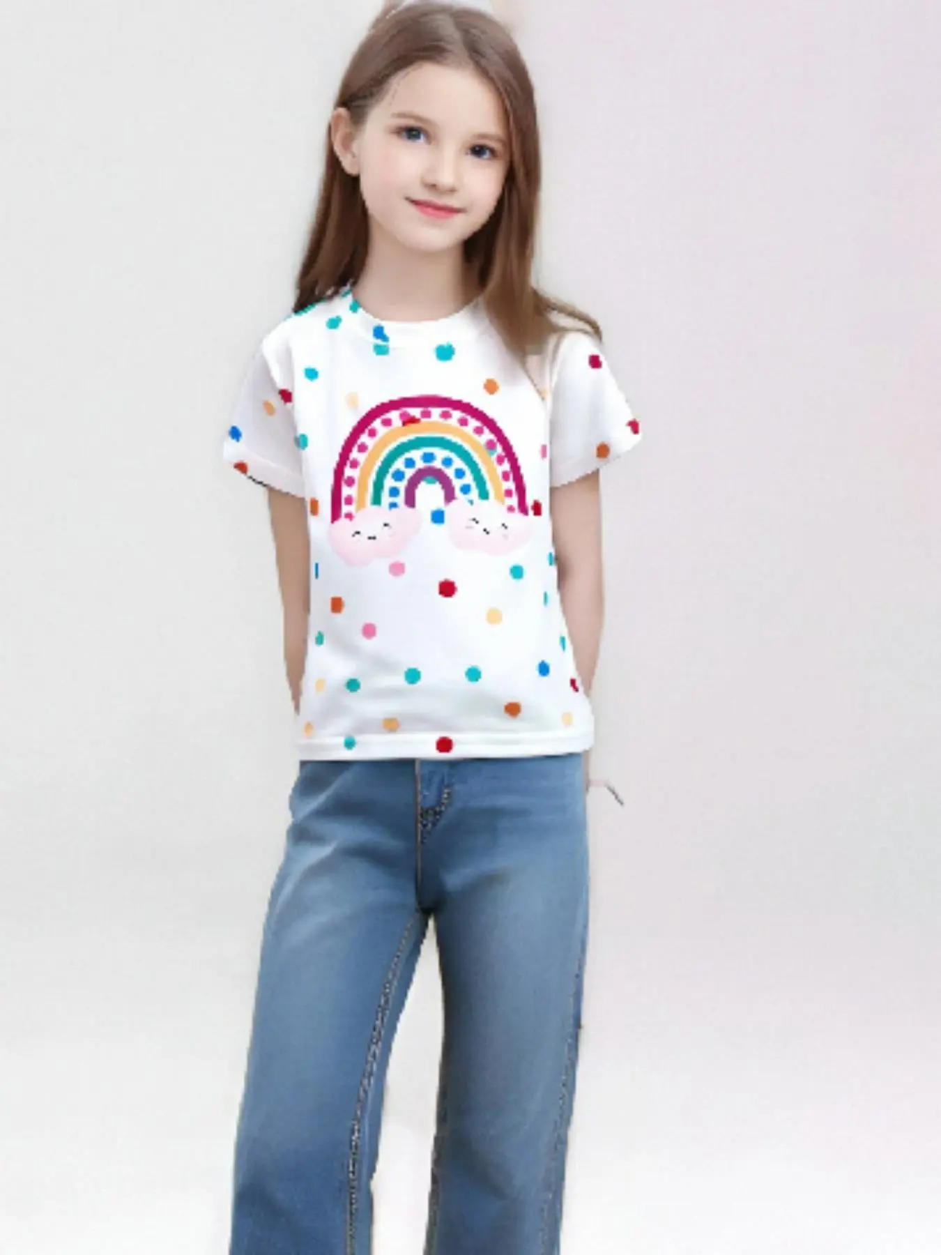 Girl's Rainbow Print Round Neck Tee, Casual Short Sleeve T-shirt for Summer, Kids Clothes for Daily Wear