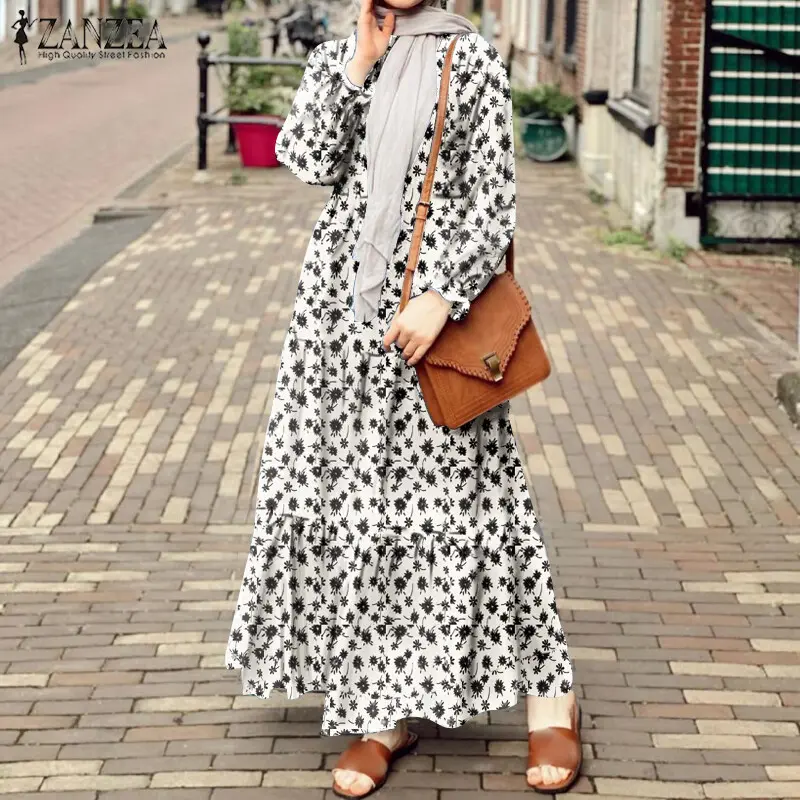 SS24 Women Muslim Casual Holiday Party Puff Sleeve Floral Printed Maxi Shirt Dress2023