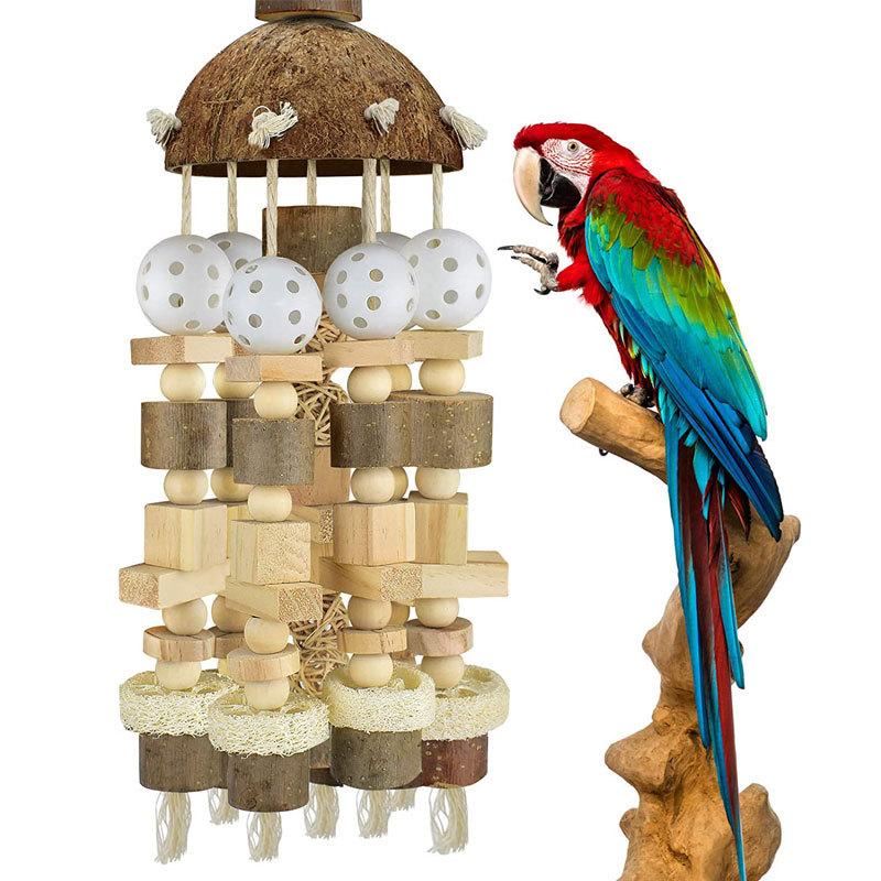 Product Introduction of Parrot Toys Chewing Bird Supplies Utensils Wooden Coconut Shell Logs Cross-Border Special Large Parrot Bird Toys 4