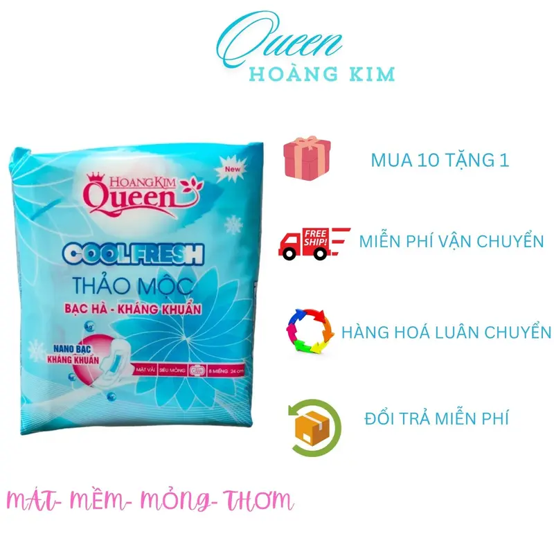 [ Bạc Hà ] ComBo 10 Gói Băng Vệ Sinh Queen Hoàng Kim Thảo Mộc The Thấm Hút Gói 8 Miếng Bề Mặt Bông Gòn Dệt Tampon bvs mát lạnh 4