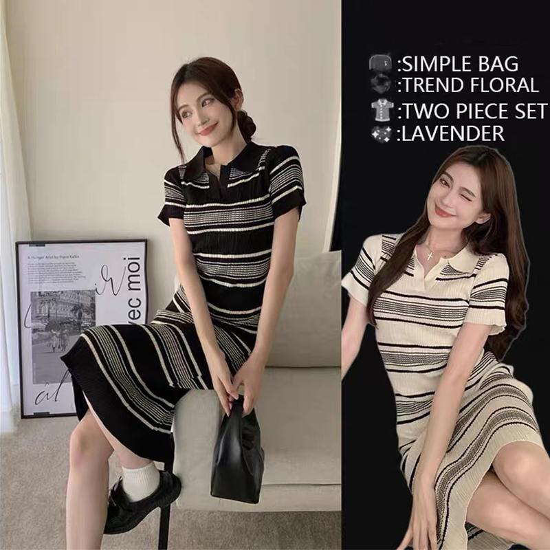 Đầm body maxi Váy polo dáng dài nữ kiểu cổ bẻ len mongtoghi kẻ sọc ngang hàng dệt kim đẹp Quảng Châu