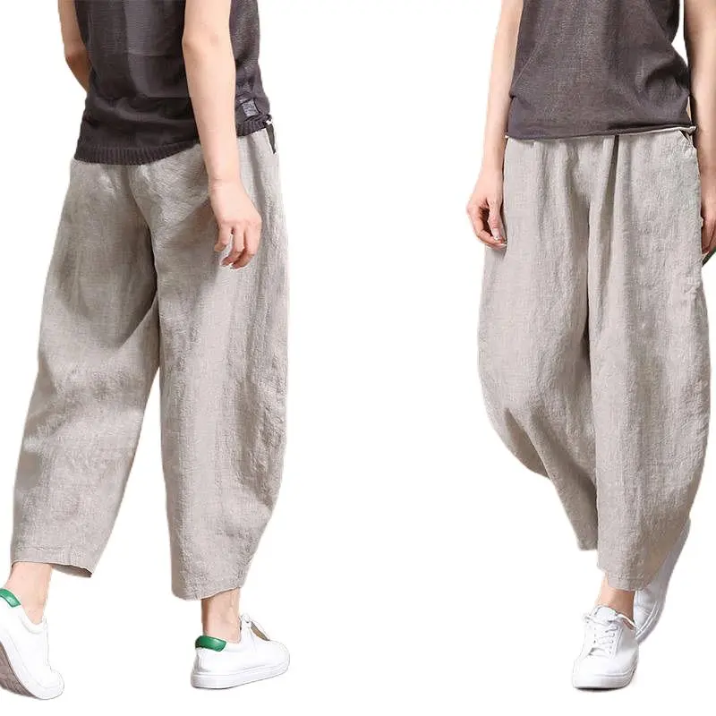 Cotton Women's Pants Summer Nine Points Loose Thin Elastic Waist Wide Leg Pants