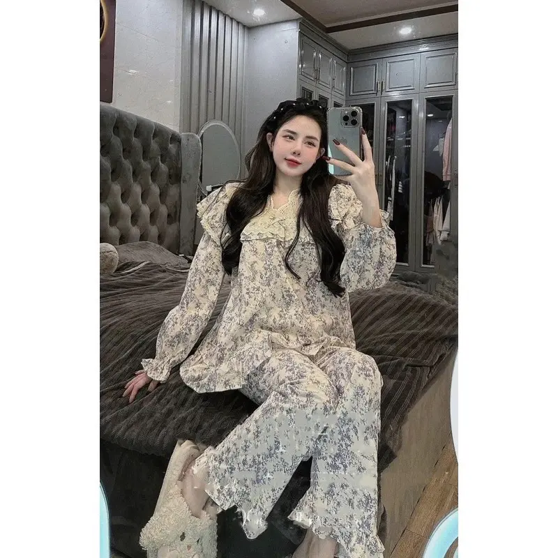 Bộ ngủ Pijama tiểu thư viền ren màu xanh hoa nhí xinh xắn Áo dài quần dài Bộ ngủ Hương Thảo