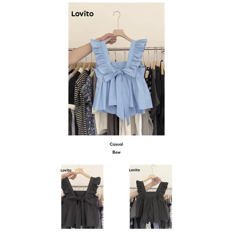 Product Introduction of Lovito Casual Plain Bow Back Tank Top for Women LNA26132 Blue/Black Blouse Fit Sleeve Korean Korean Style Loose Polyester Comfort Shirts Lingerie Basic Cute Minimalist 17