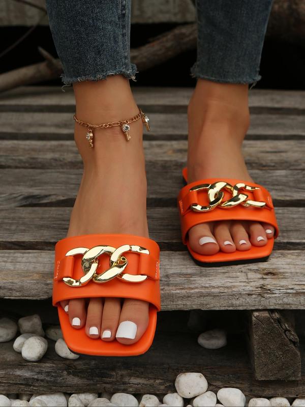 Women's Fashion Chain Design Slide Sandals, Summer 2024 Beach Vacation Square Toe Sandals for Women & Girls, Vintage Trend Slide Sandals for Daily Wear 4