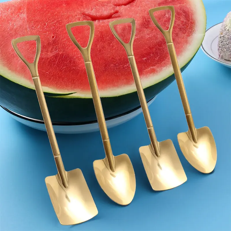 Thìa hình dạng xẻng bằng thép không gỉ, bộ 4 / 1 cái, thích hợp cho cà phê, dưa hấu, kem, món tráng miệng và trà, đầu nhọn, bộ Đồ Ăn nhà bếp 1