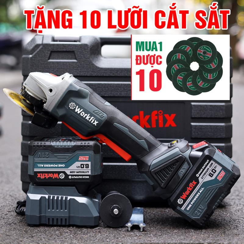 [ Tặng 10 lưỡi cắt sắt] Máy Mài Compact 100mm Dùng Pin Workfix - Màu XÁM - Công Tắc Bóp - Brushless Motor - 2 Pin 15 Cell 21V/6Ah - Chân Pin Phổ Thông - Tay Cầm Trợ Lực - Lõi Đồng - AG100B  Máy mài thẳng Angle Grinders