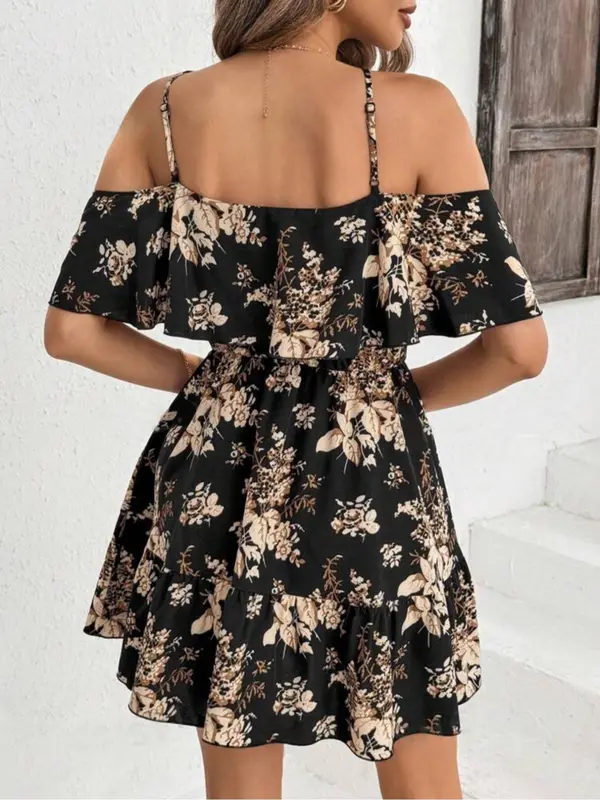 Women's Floral Print Cold Shoulder Ruffle A Line Dress, Boho Flounce Sleeve Short Dress for Beach Holiday Vacation, Ladies Summer Clothes 8