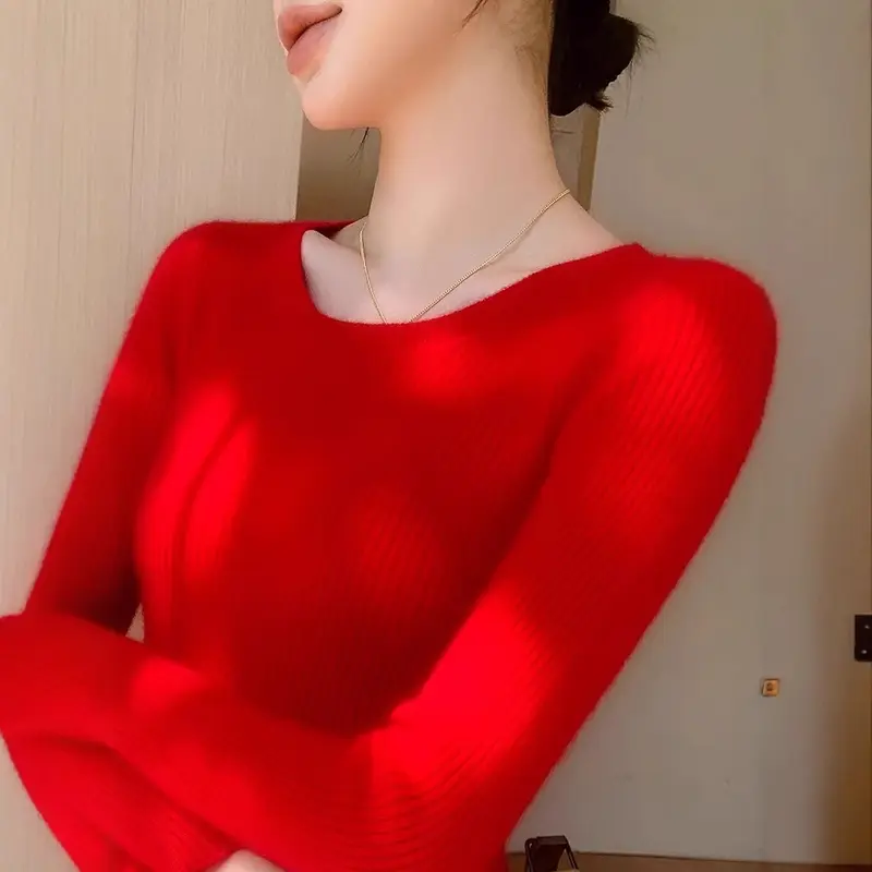 Áo Len Dài Tay Giữ Nhiệt, Dành Cho Nữ, Màu Trơn Cổ Tròn, Dáng Ôm, Áo Sơ Mi Dệt Kim Co Giãn Voi Women 8